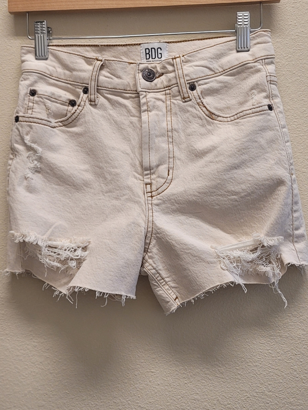 BDG Distressed High-Rise Denim Shorts Cream size 25